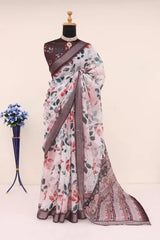 Pure Linen Cotton Saree with Contrast Coffee Brown Zari Border & Blouse – Blush White & Autumn Floral