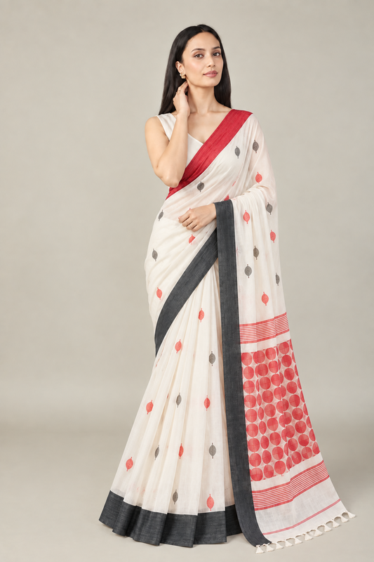Pure Linen Cotton Geometric Motif Saree