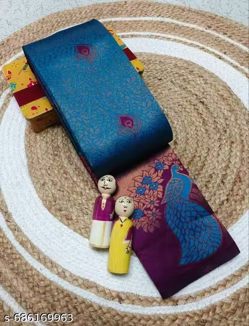 Royal Blue Wine Jacquard Silk Peacock Saree