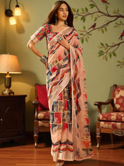 Premium Pure Linen Cotton Saree – Peach & Multi-Color Geometric Chevron & Tree Motif Digital Print Saree with Blouse Piece