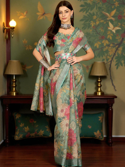 Premium Pure Linen Cotton Vintage Floral Saree