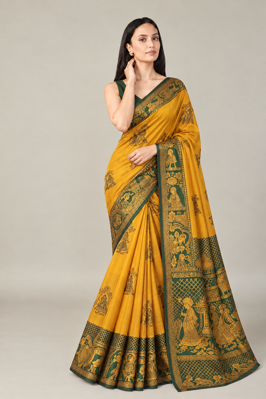 Mustard Green Jacquard Silk Elephant Motif Saree