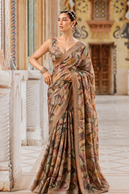 Premium Pure Linen Cotton Abstract Foliage Saree
