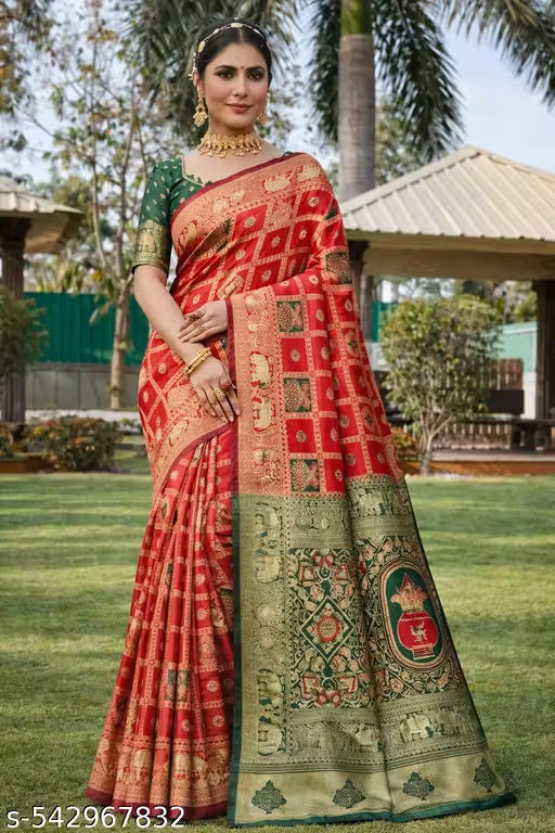 Red Green Jacquard Silk Elephant Motif Saree
