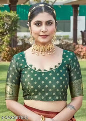 Red & Bottle Green Jacquard Silk Saree – Traditional Kalash & Elephant Motif Pallu Wedding Saree with Blouse Piece