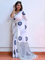 Women's Premium Pure Linen Cotton Saree | Quirky Evil Eye Block Printed Casual Sari with Chevron Geometric Pallu & Unstitched Blouse Piece | Luxury Lightweight Summer & Daily Wear (Pristine White & Indigo Blue)