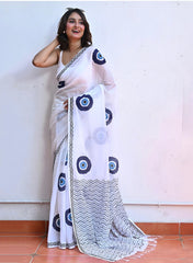 Women's Premium Pure Linen Cotton Saree | Quirky Evil Eye Block Printed Casual Sari with Chevron Geometric Pallu & Unstitched Blouse Piece | Luxury Lightweight Summer & Daily Wear (Pristine White & Indigo Blue)