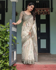 Premium Pure Linen Cotton Saree – Ivory Cream & Olive Grey Geometric Chevron Minimalist Saree with Blouse Piece