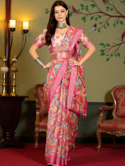 Premium Pure Linen Cotton Saree – Vibrant Candy Pink & Multi-Color Abstract Foliage Digital Print Saree with Blouse Piece