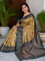 Vintage Mustard Gold & Teal Grey Jacquard Silk Saree – Antique Floral Zari Border Traditional Saree with Blouse Piece