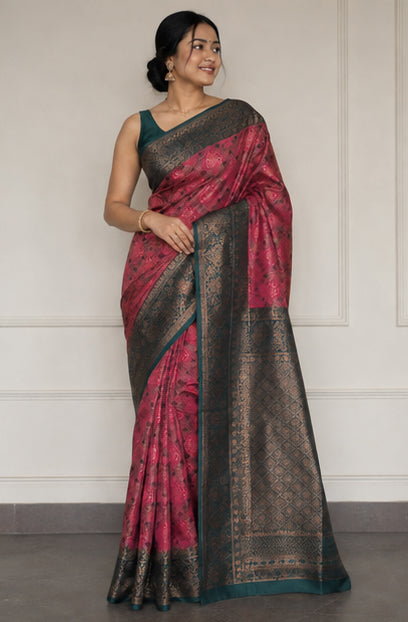 Deep Pink Teal Jacquard Silk Saree with Zari Pallu