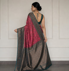 Heritage Deep Pink & Dark Teal Jacquard Silk Saree – Antique Zari Geometric Pallu Traditional Saree with Blouse Piece
