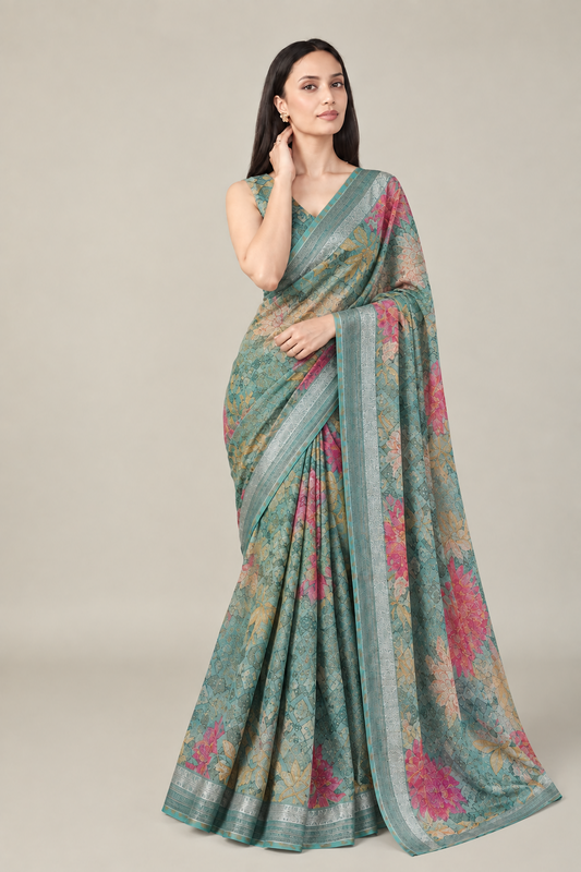 Premium Pure Linen Cotton Vintage Floral Saree