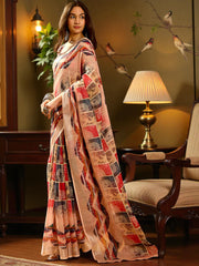 Premium Pure Linen Cotton Saree – Peach & Multi-Color Geometric Chevron & Tree Motif Digital Print Saree with Blouse Piece