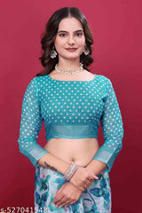 Premium Pure Linen Cotton Saree – Seafoam Aqua & Turquoise Watercolor Floral Digital Print Saree with Blouse Piece