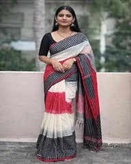 Women's Cotton Linen Blend Saree | Traditional Handloom-Look Geometric Checkered Pattern Saree with Unstitched Blouse Piece | Festive, Casual & Formal Wear (Off-White, Black & Red)