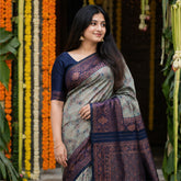 Vintage Sage Green & Navy Blue Jacquard Silk Saree – Antique Copper Zari Border Traditional Saree with Blouse Piece