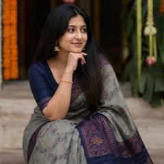 Vintage Sage Green & Navy Blue Jacquard Silk Saree – Antique Copper Zari Border Traditional Saree with Blouse Piece