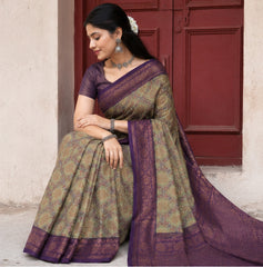 Vintage Olive Sage & Deep Purple Jacquard Silk Saree – Antique Copper Zari Border Traditional Saree with Blouse Piece