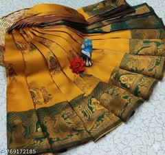 Mustard Gold & Bottle Green Jacquard Silk Saree – Traditional Baaraat & Elephant Motif Festive Saree with Blouse Piece