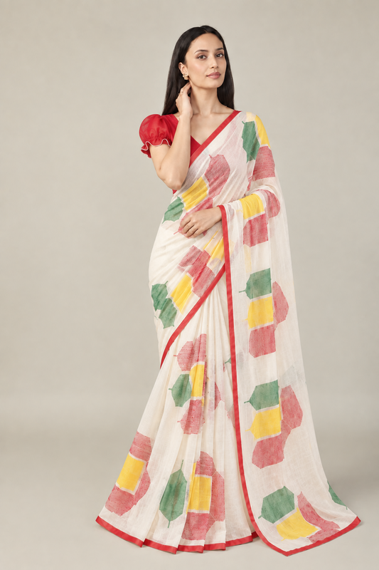 Pure Linen Cotton Geometric Block Print Saree