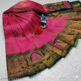 Festive Rani Pink & Bottle Green Jacquard Silk Saree – Traditional Baaraat & Royal Elephant Motif Saree with Blouse Piece