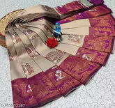 Royal Cream & Magenta Purple Jacquard Silk Saree – Traditional Baaraat & Elephant Motif Festive Saree with Blouse Piece