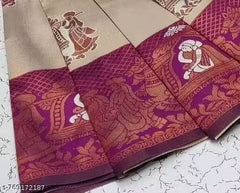 Royal Cream & Magenta Purple Jacquard Silk Saree – Traditional Baaraat & Elephant Motif Festive Saree with Blouse Piece