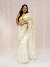 Women's Premium Pure Linen Cotton Saree | Quirky Fruit Printed Casual & Festive Sari with Sleek Border & Unstitched Blouse Piece | Luxury Lightweight Summer & Daily Wear (Off-White & Mango Yellow)