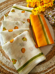 Women's Premium Pure Linen Cotton Saree | Quirky Fruit Printed Casual & Festive Sari with Sleek Border & Unstitched Blouse Piece | Luxury Lightweight Summer & Daily Wear (Off-White & Mango Yellow)