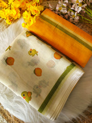 Women's Premium Pure Linen Cotton Saree | Quirky Fruit Printed Casual & Festive Sari with Sleek Border & Unstitched Blouse Piece | Luxury Lightweight Summer & Daily Wear (Off-White & Mango Yellow)
