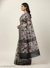 Premium Pure Linen Cotton Saree – Elegant Charcoal Grey & Blush Pink Retro Floral Digital Print Saree with Blouse Piece