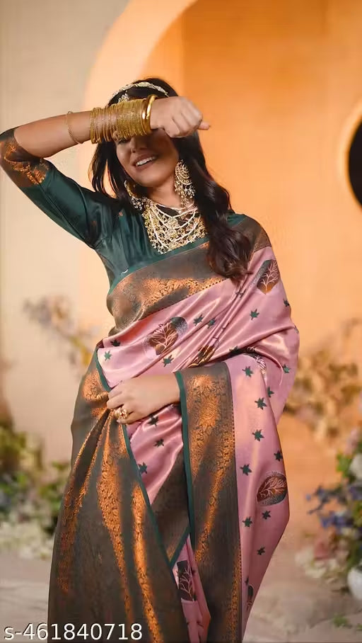 Blush Pink Green Kanjivaram Silk Saree with Zari