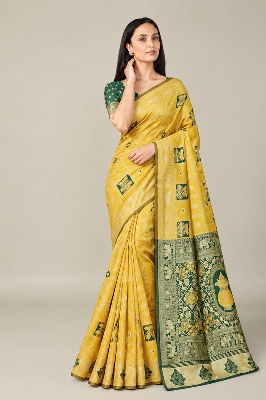 Golden Yellow Green Jacquard Silk Elephant Saree