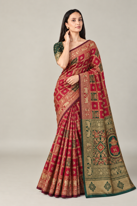 Red Green Jacquard Silk Elephant Motif Saree