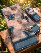 Premium Pure Linen Cotton Saree – Muted Beige-Taupe & Steel Blue Feather Digital Print Saree with Blouse Piece