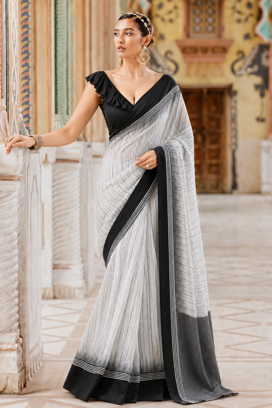 Pure Linen Cotton Ikat Dotted Stripe Saree