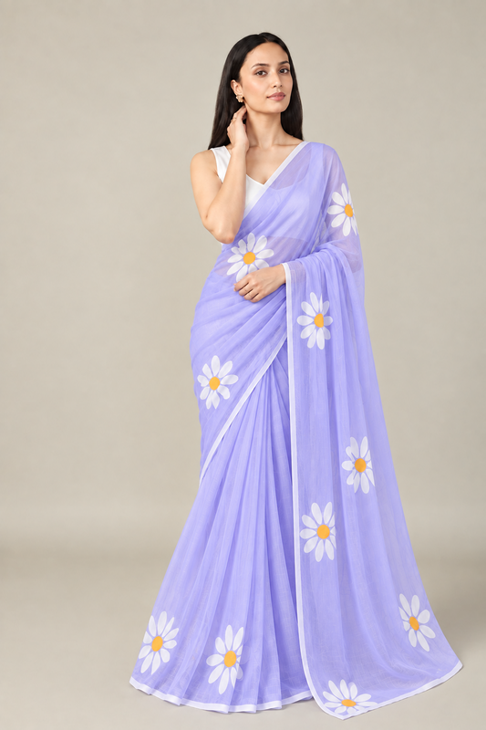 Cotton Linen Blend Lavender Floral Saree