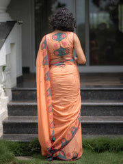 Women's Premium Linen Cotton Blend Saree | Elegant Peach-Orange Traditional Block Border Printed Casual Sari with Unstitched Blouse Piece | Lightweight Daily Wear (Peach, Grey & Red)