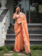 Women's Premium Linen Cotton Blend Saree | Elegant Peach-Orange Traditional Block Border Printed Casual Sari with Unstitched Blouse Piece | Lightweight Daily Wear (Peach, Grey & Red)