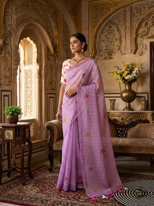 Royal Purple Check Cotton Saree – Floral Embroidery with Blouse Piece