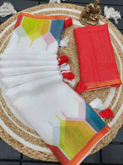 Women's Pure Linen Cotton Saree | Traditional Handloom Look Geometric Block Printed Casual & Festive Sari with Unstitched Blouse Piece | Lightweight Summer & Elegant Daily Wear (Off-White & Festive Multi-Color)
