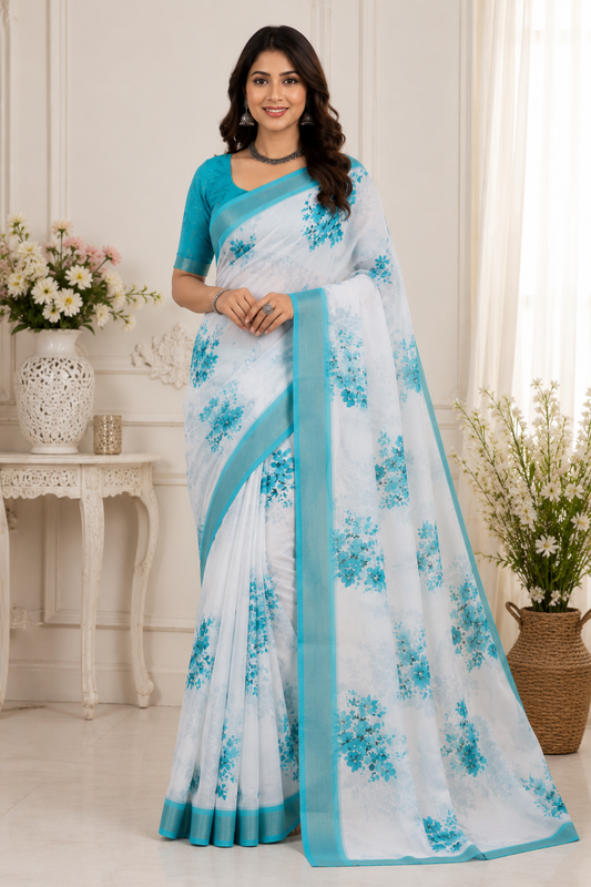 Linen Cotton Floral Saree with Turquoise Zari Border