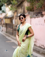Women's Linen Cotton Blend Saree | Trendy Casual Candy Striped Leheriya Pattern Sari with Unstitched Blouse Piece | Lightweight Daily & Summer Wear (White, Yellow & Lime Green)