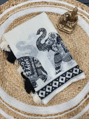 Women's Premium Pure Linen Cotton Saree | Traditional Madhubani Elephant Block Printed Casual Sari with Geometric Temple Border & Unstitched Blouse Piece | Luxury Lightweight Summer & Office Wear (Off-White & Charcoal Black)