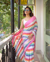 Women's Premium Pure Linen Cotton Saree | Vibrant Multicolor Horizontal Rainbow Striped Casual Sari with Unstitched Blouse Piece | Luxury Lightweight Summer Wear & Festive Day Sari (Off-White, Candy Pink & Multi-Stripes)
