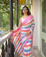 Women's Premium Pure Linen Cotton Saree | Vibrant Multicolor Horizontal Rainbow Striped Casual Sari with Unstitched Blouse Piece | Luxury Lightweight Summer Wear & Festive Day Sari (Off-White, Candy Pink & Multi-Stripes)