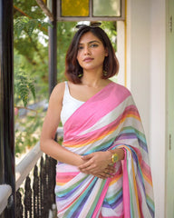 Women's Premium Pure Linen Cotton Saree | Vibrant Multicolor Horizontal Rainbow Striped Casual Sari with Unstitched Blouse Piece | Luxury Lightweight Summer Wear & Festive Day Sari (Off-White, Candy Pink & Multi-Stripes)