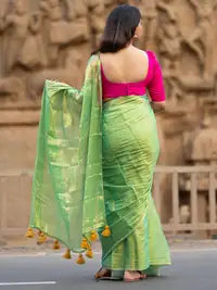 Green Tissue Pure Silk Self Design Saree For Women
