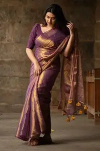 Royal Purple Tissue Silk Saree with Golden Zari Weaving & Running Blouse Piece